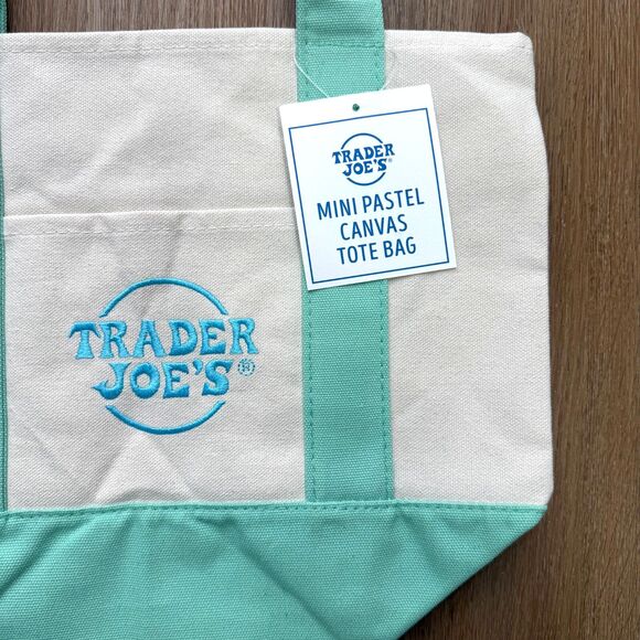 Trader Joe's Mini Tote Bag Green Pastel Canvas Limited Edition Spring - Picture 2 of 9